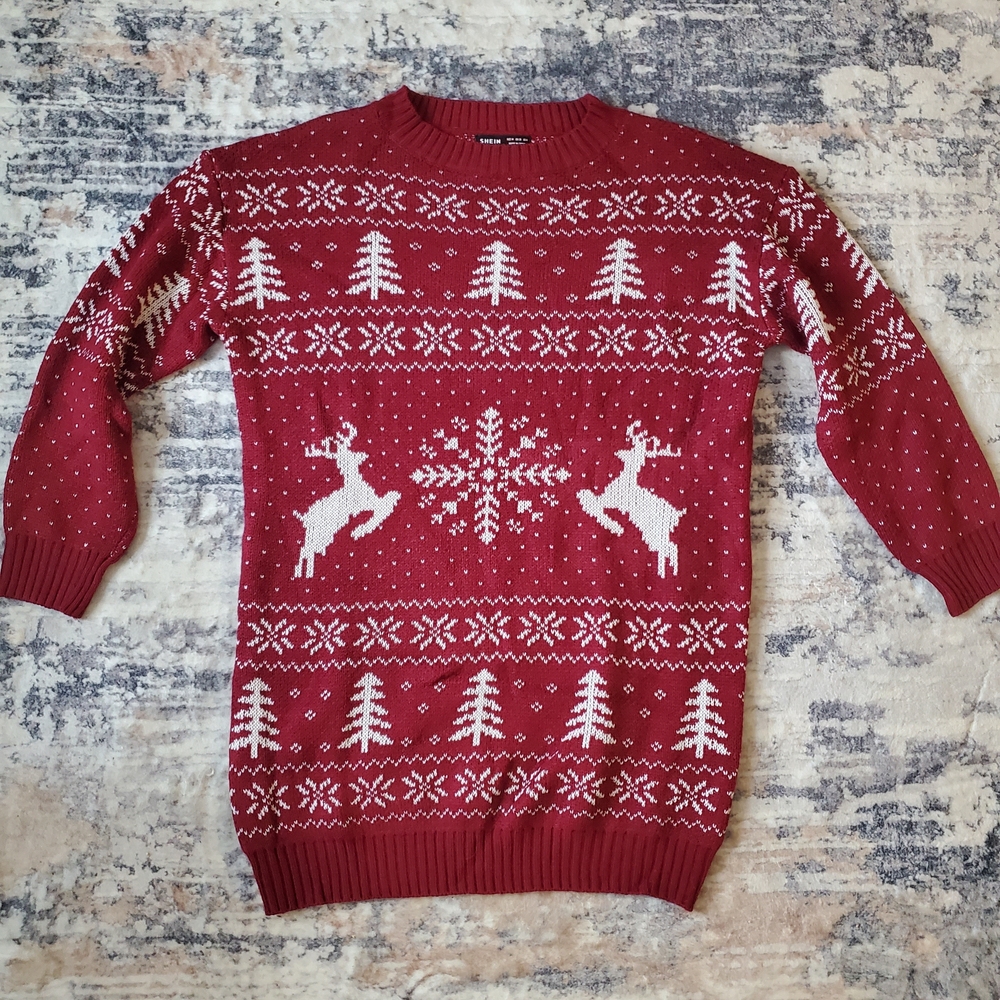 Shein Red Reindeer Snowflake Christmas Sweater Dress Size M